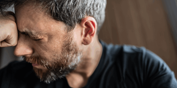 Chronicznie zestresowany mężczyzna dotykający pięścią czoła