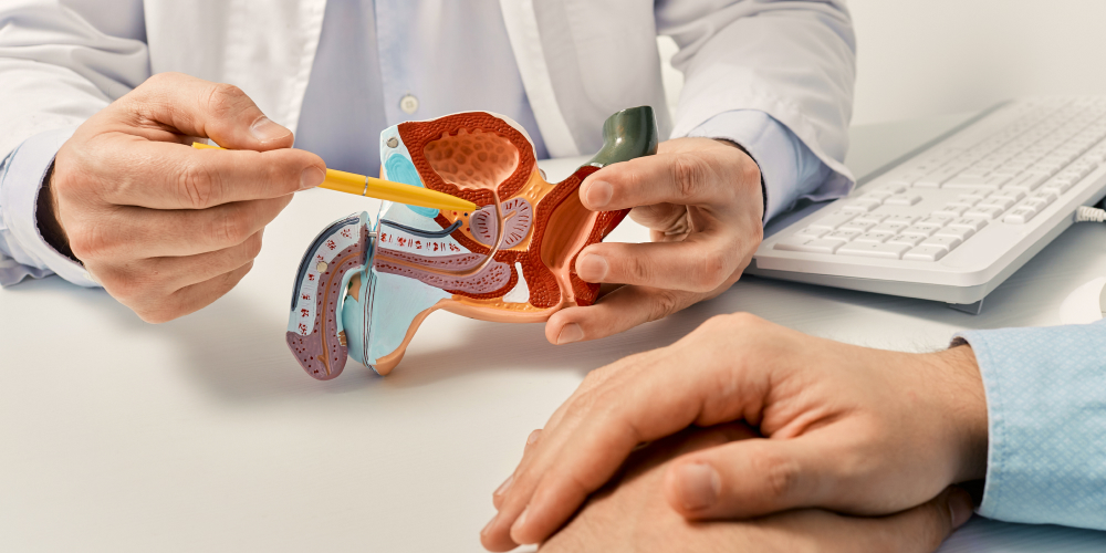 A doctor discussing the causes of urinary incontinence after prostatectomy with a patient